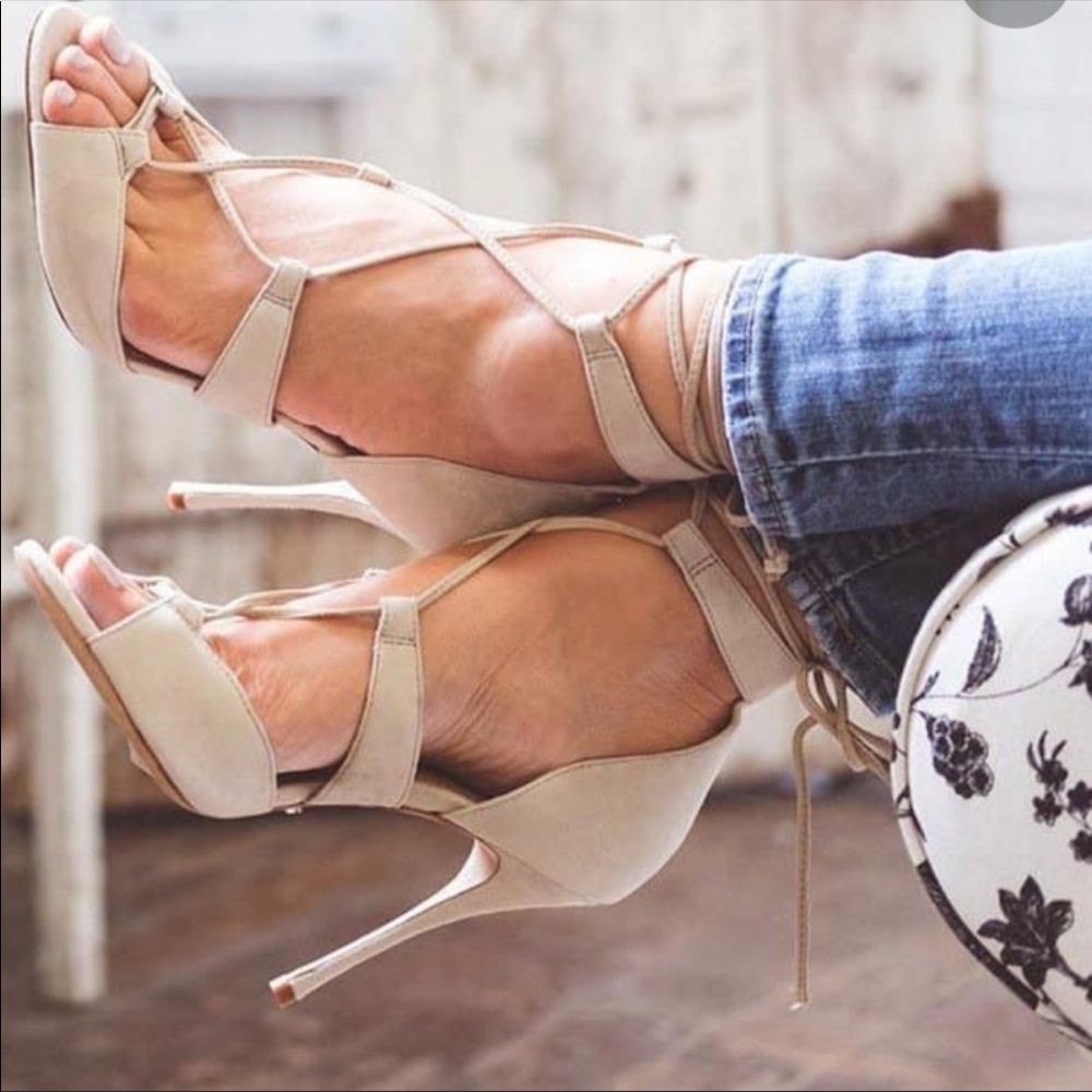 Schutz Clover Tan Beige Suede Lace Up Heels 9 New